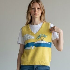 Vintage Oak Bluff Yellow Knit Sweater Vest L Beach Scene Palm Tree Design NWT‎